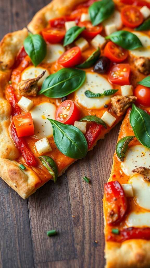 Golden sweet potato pizza crust topped with fresh basil, tomatoes, and melted cheese on a rustic table.